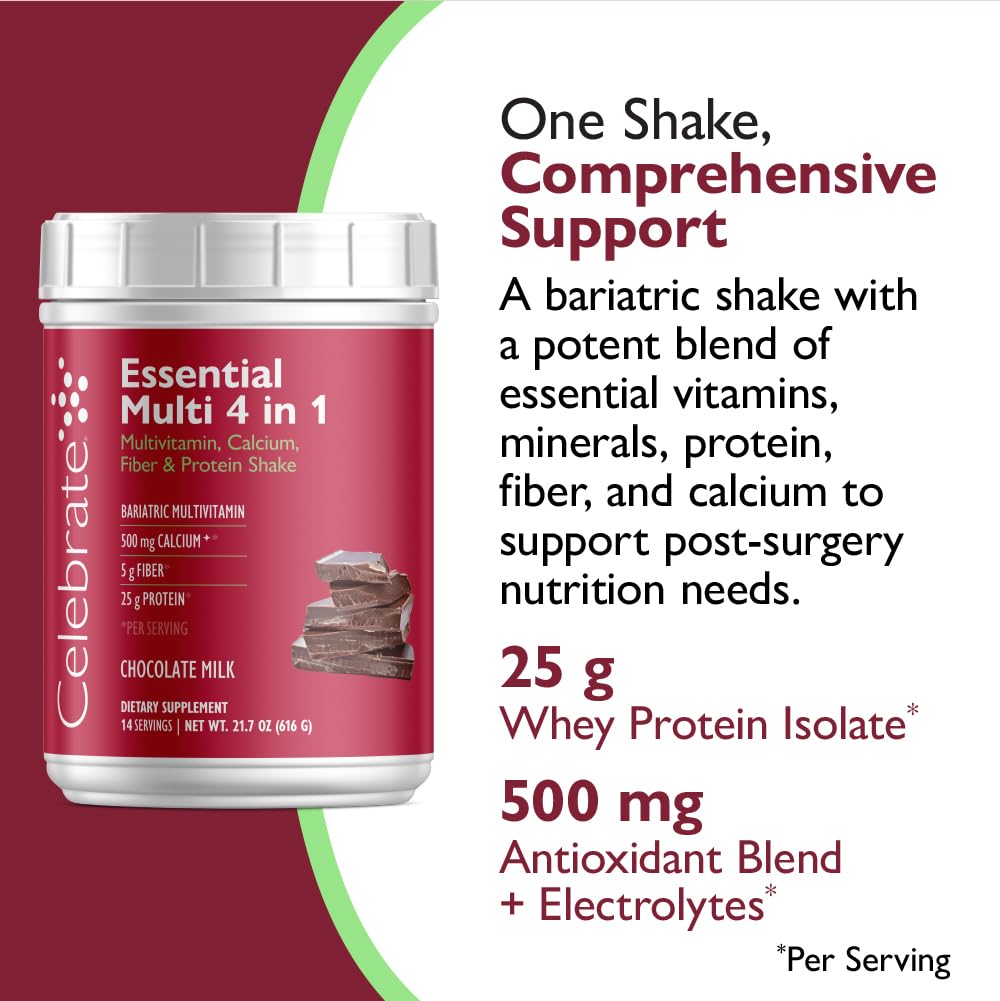 Celebrate Essential Multi 4 en 1 - Multivitamínico Bariátrico en Polvo, Sabor Chocolate, 14 Raciones