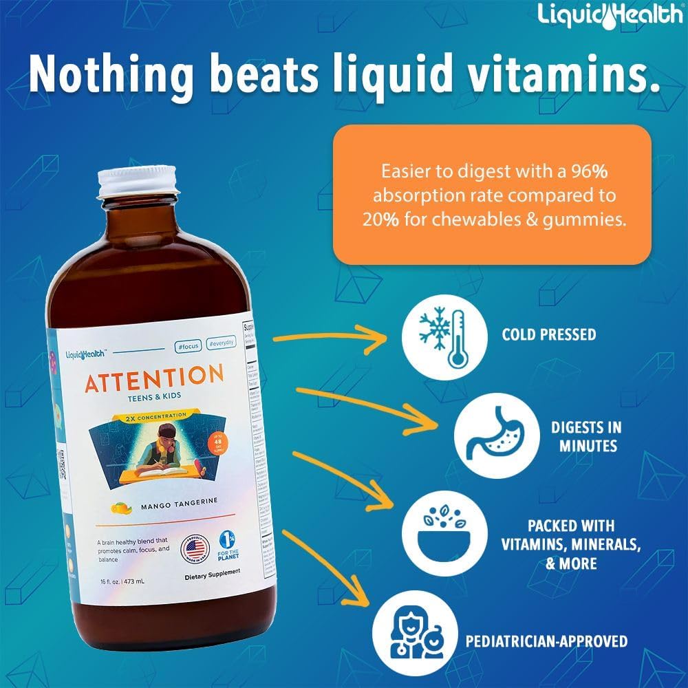 LIQUIDHEALTH Attention, Multivitamínico Líquido para Niños y Adolescentes - Sabor Mango-Mandarina, Vegano, Sin Azúcar (Pack de 2)
