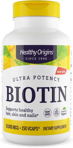 Healthy Origins Biotin 10,000 mcg (10 mg), 150 Cápsulas Vegetales - Alta Potencia, Grado USP, No OGM, Vegano, Sin Gluten