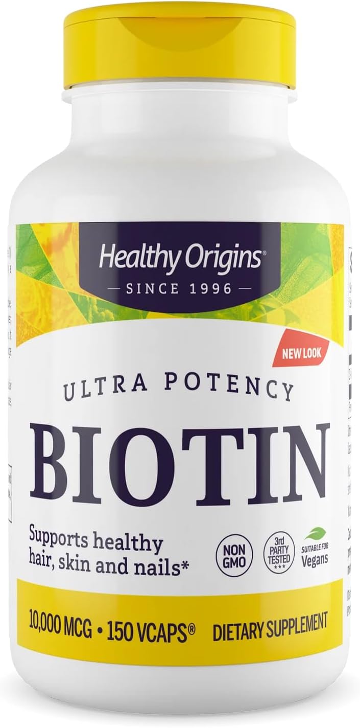 Healthy Origins Biotina 5.000 mcg (5 mg), 360 Cápsulas Vegetales - Complemento de Vitamina B7 de Alta Potencia - Grado USP - No Transgénico, Vegano y Sin Gluten