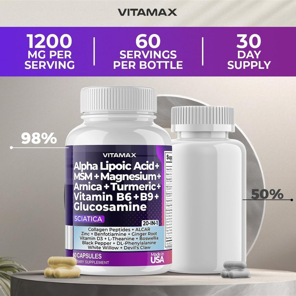 Nerve-Plus - Complemento para el nervio ciático con ácido fólico, guisante, glucosamina, MSM, complejo vitamínico B, ácido alfa lipoico 300 mg – 60 cápsulas