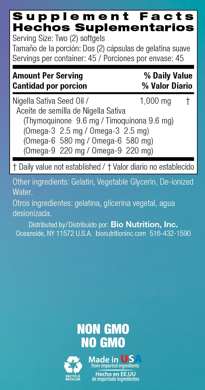 Bio Nutrition Black Seed Oil 1000mg, 90 Softgels - Cold Pressed Nigella Sativa | Essential Fatty Acids