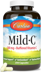 Carlson Mild-C 500 mg Vitamina C Tamponada, Apoyo Inmunológico y Bienestar Óptimo, Antioxidante, 250 cápsulas