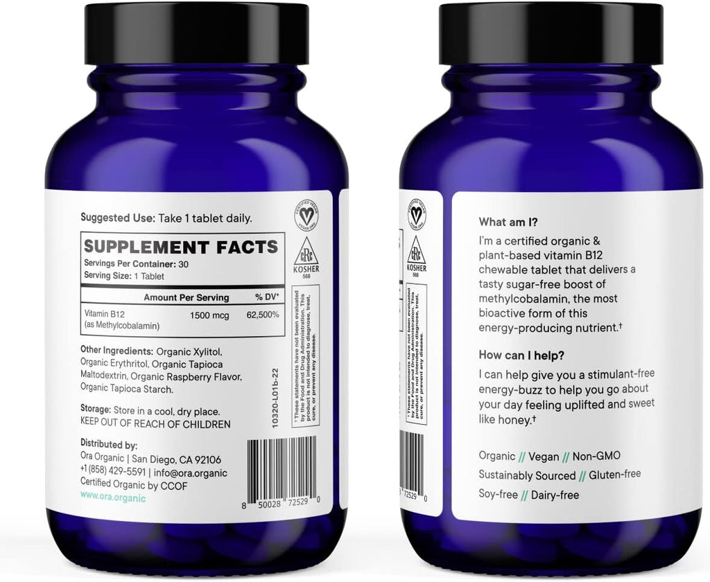 Ora Organic Vitamina B12 1500mcg - Metilcobalamina Vegetal - 30 Comprimidos Masticables Sabor Frambuesa