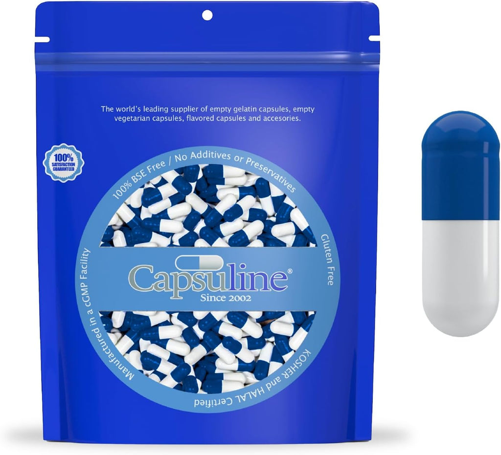 Capsuline Cápsulas de Gelatina Vacías Tamaño 00 - Certificadas Kosher, Bovinas Puras, Sin Gluten - 1000 Unidades, Azul/Blanco