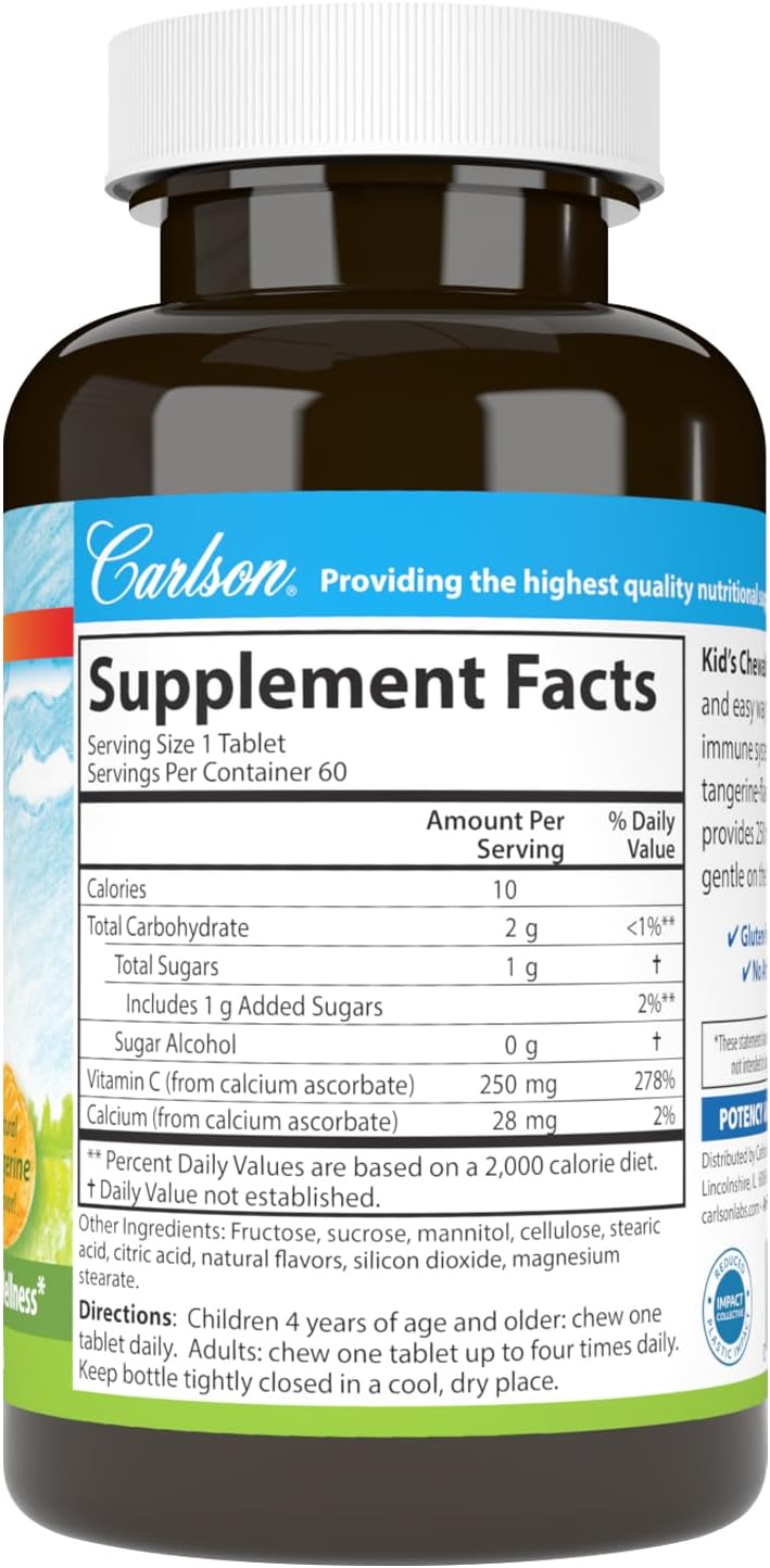 Carlson - Vitamina C Masticable para Niños, 250 mg, Sabor Mandarina, 60 tabletas vegetarianas