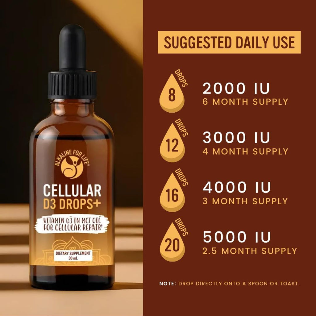 Alkaline for Life Cellular D3 Drops+ - Vitamina D3 líquida en aceite MCT, 250 UI por gota, dosis flexible 500-5000 UI, 30 ml