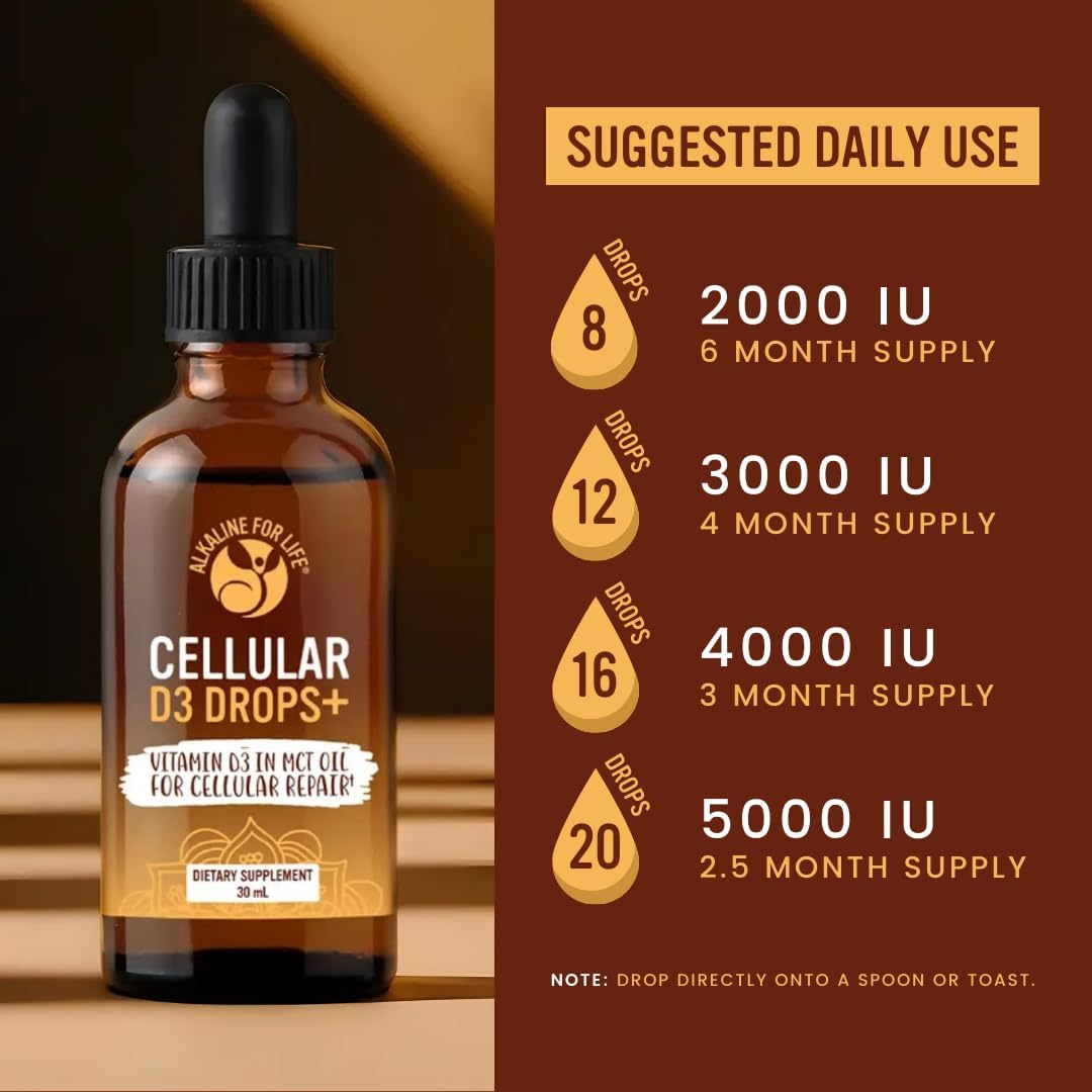 Alkaline for Life Cellular D3 Drops+ - Vitamina D3 líquida en aceite MCT, 250 UI por gota, dosis flexible 500-5000 UI, 30 ml