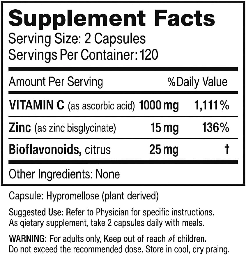 Vita4Life Vitamina C 1000 mg con Zinc y Bioflavonoides - 240 Cápsulas