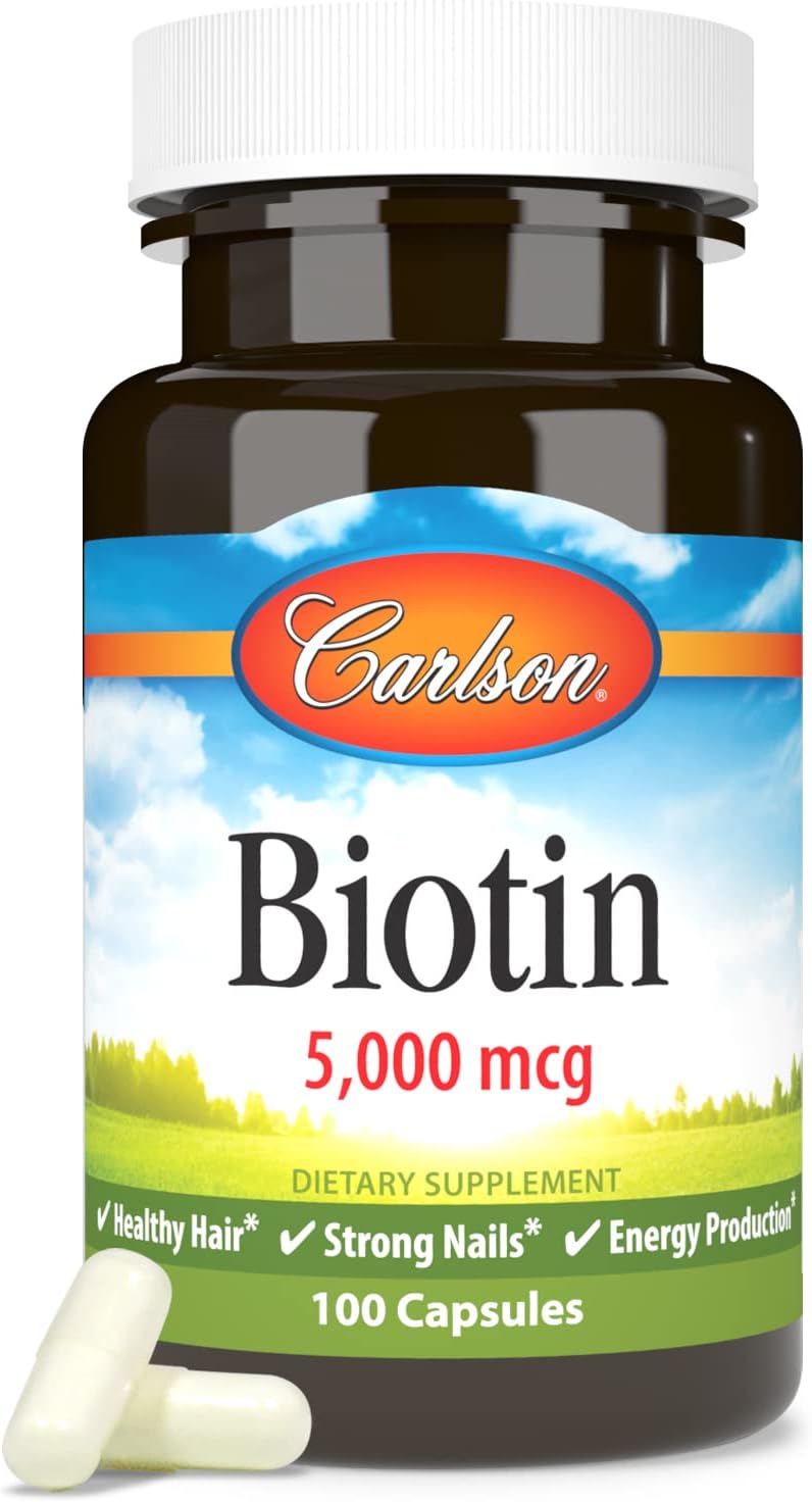 Carlson - Biotin, 5000 mcg, Healthy Hair, Strong Nails & Energy Production, 100 Capsules