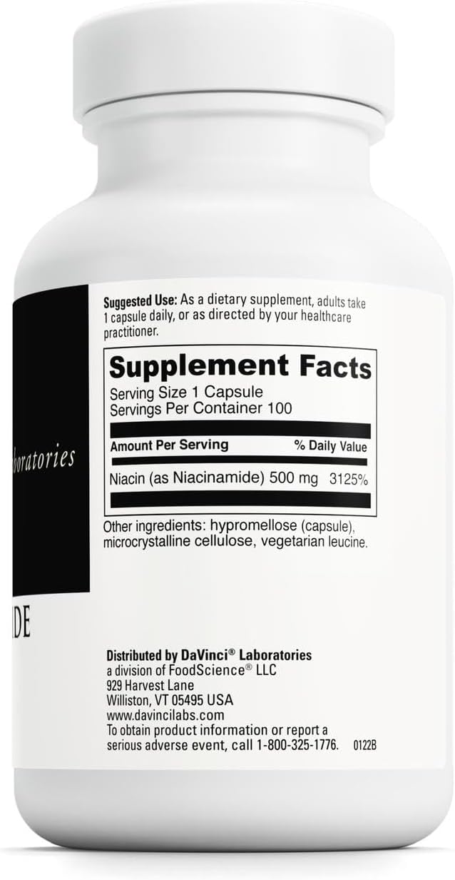 Davinci Labs Niacinamida | Suplemento de vitamina B3 | 500 mg por porción | 100 cápsulas vegetarianas