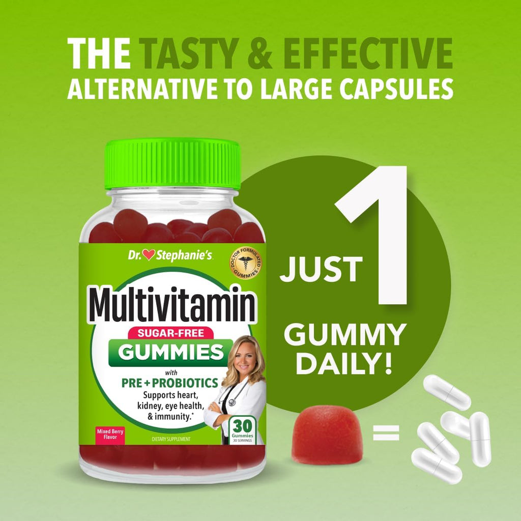 Gominolas Multivitamínicas Sin Azúcar con Prebióticos y Probióticos - Apoyo Diario para Ojos, Riñones, Hígado, Corazón y Digestión - Sabor a Bayas Mixtas - Dr. Stephanie's