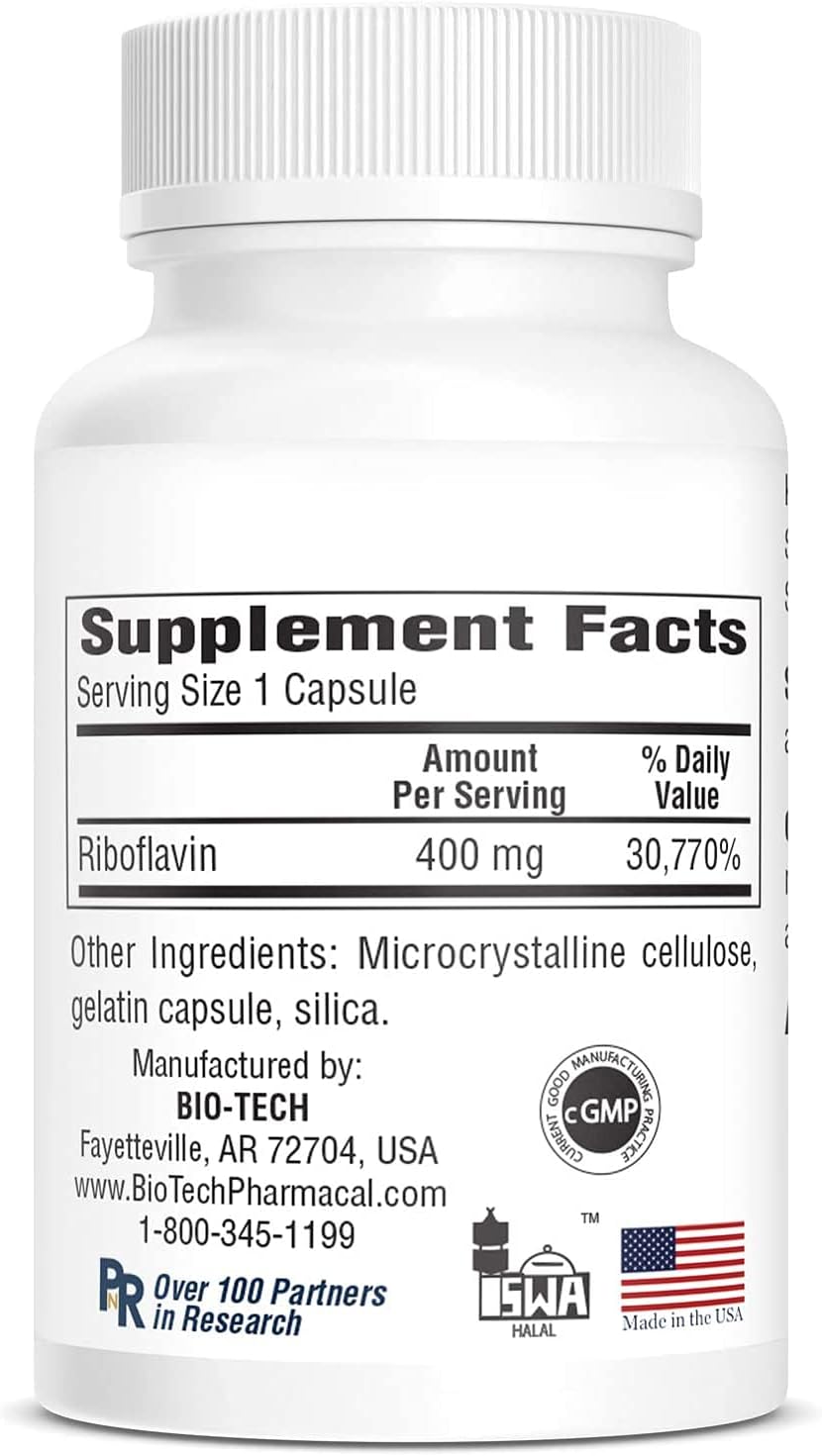 Bio-Tech Pharmacal B2-400, 100 Cápsulas – Suplemento de Riboflavina 400 mg – Sin Gluten, Sin OGM
