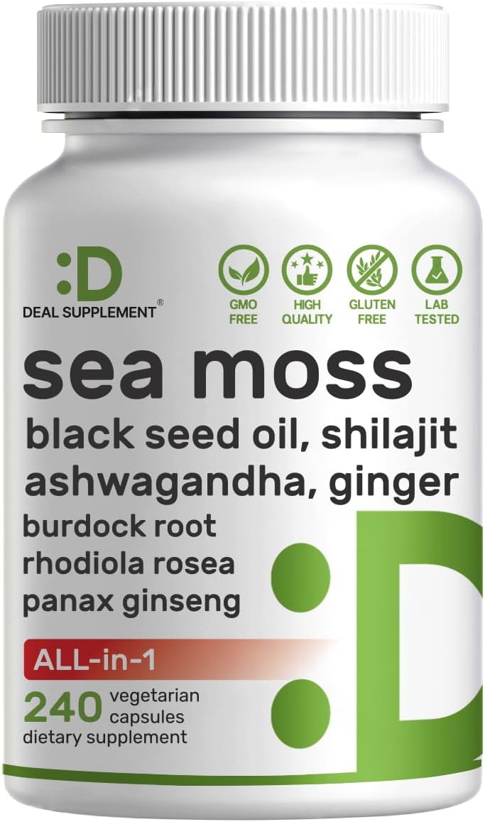 DEAL SUPPLEMENT Irish Sea Moss 240 Cápsulas Veganas – Complejo de 14 Superalimentos con Ashwagandha, Jengibre y Aceite de Semilla Negra