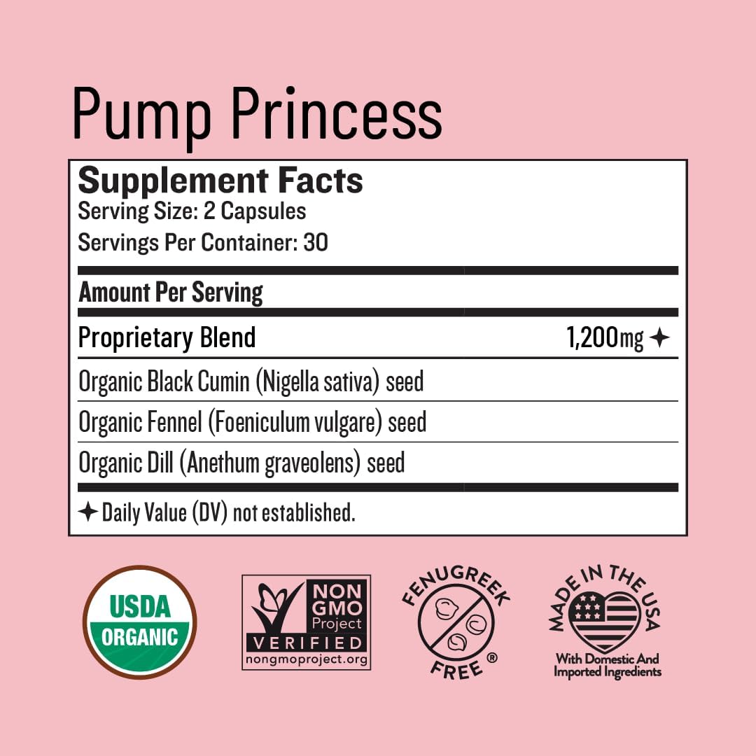 Legendairy Milk Pump Princess - Suplemento de Lactancia con Semillas Orgánicas de Comino Negro, Hinojo y Eneldo - Sin Fenogreco - 60 Cápsulas