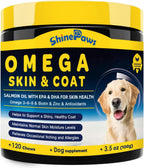 SHINEPAWS Omega 3 para Perros, Masticables de Aceite de Salmón con Omega 3 6 9 (EPA+DHA), Zinc, Biotina y Vitaminas E y C - 120 unidades, Sabor Pollo
