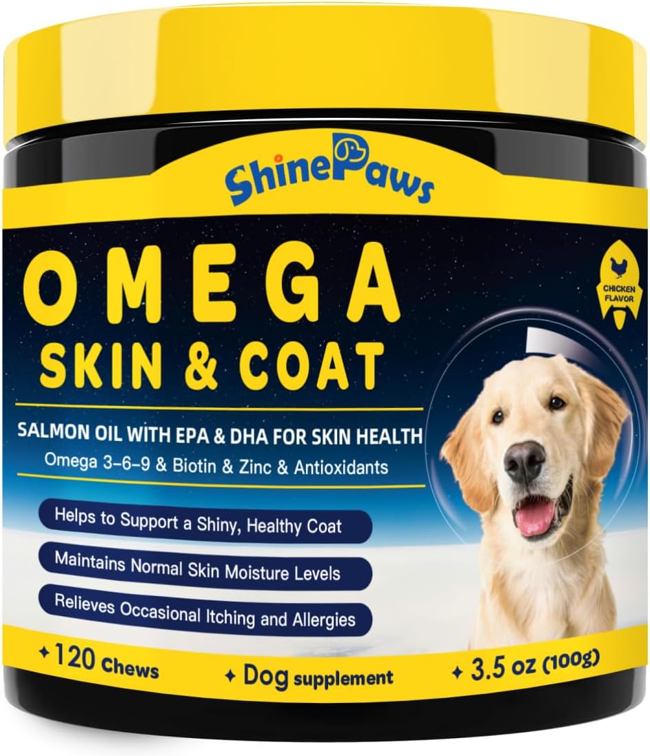 SHINEPAWS Omega 3 para Perros, Masticables de Aceite de Salmón con Omega 3 6 9 (EPA+DHA), Zinc, Biotina y Vitaminas E y C - 120 unidades, Sabor Pollo