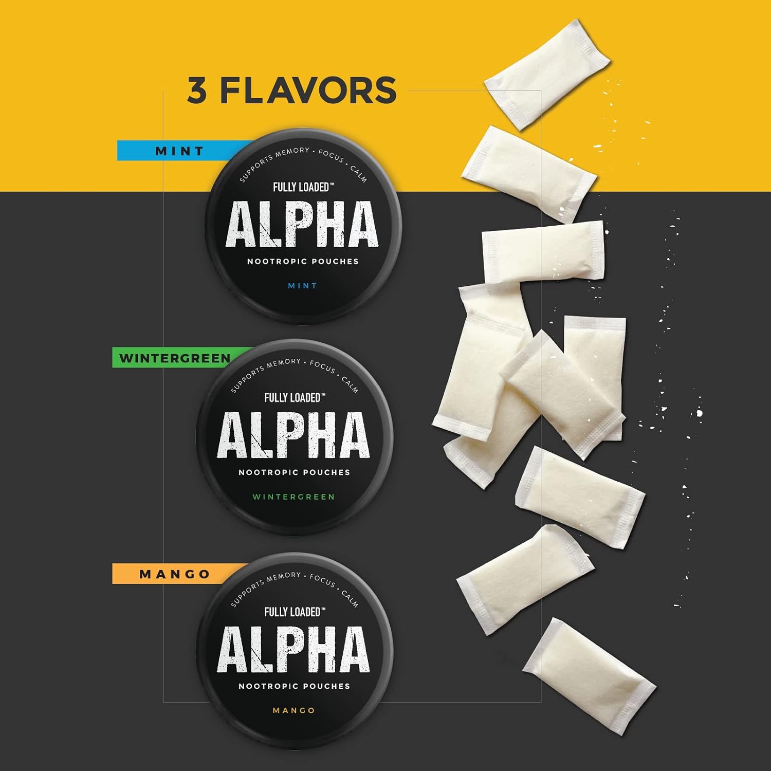 Fully Loaded Alpha Nootropic Pouches (Menta) - 5 Latas - 15 Bolsitas por Lata - Absorción Rápida, Alpha GPC, L-Tirosina, GABA