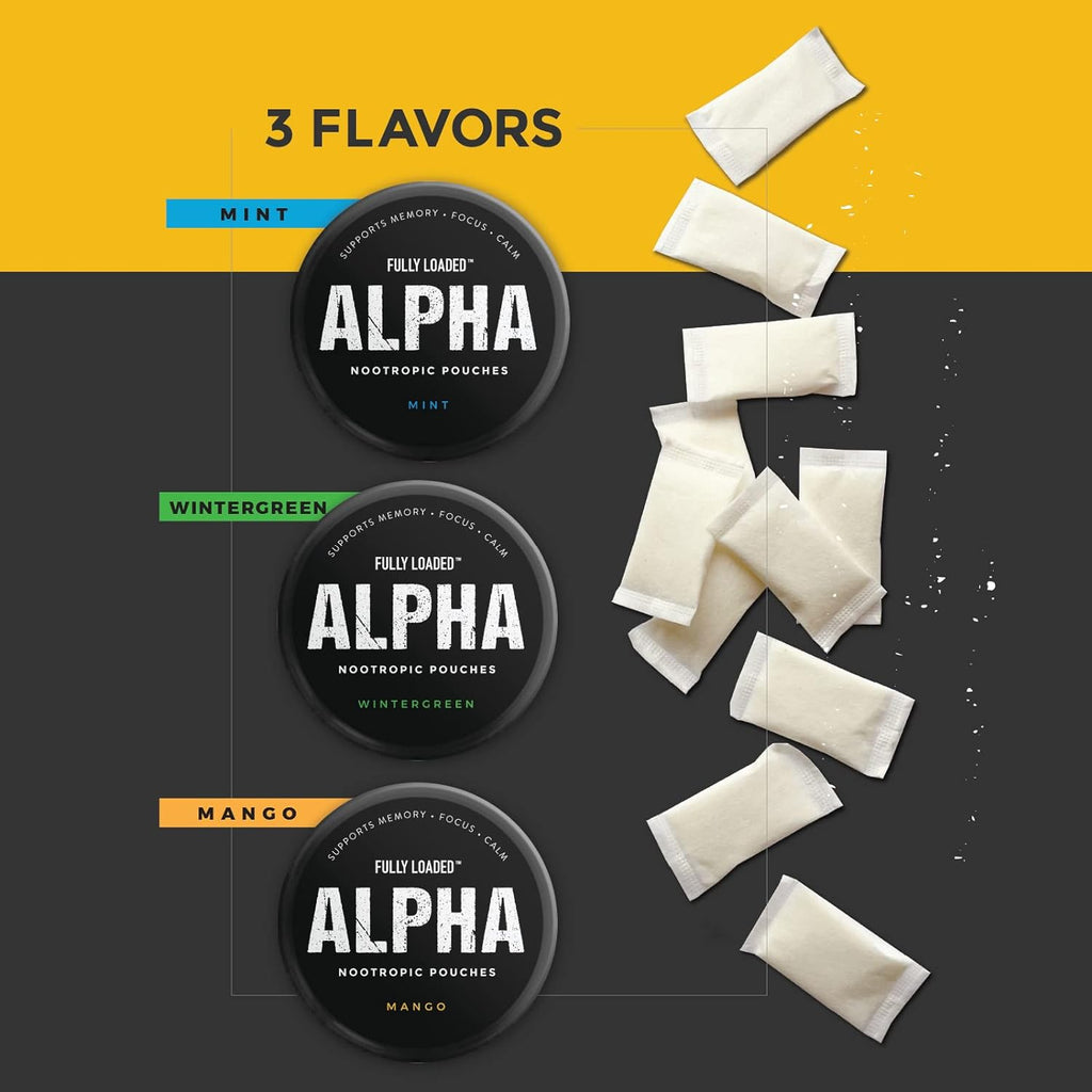 Fully Loaded Alpha Nootropic Pouches (Mango) - 5 Latas - 15 Bolsitas por Lata - Reemplazo de Bolsitas de Nicotina