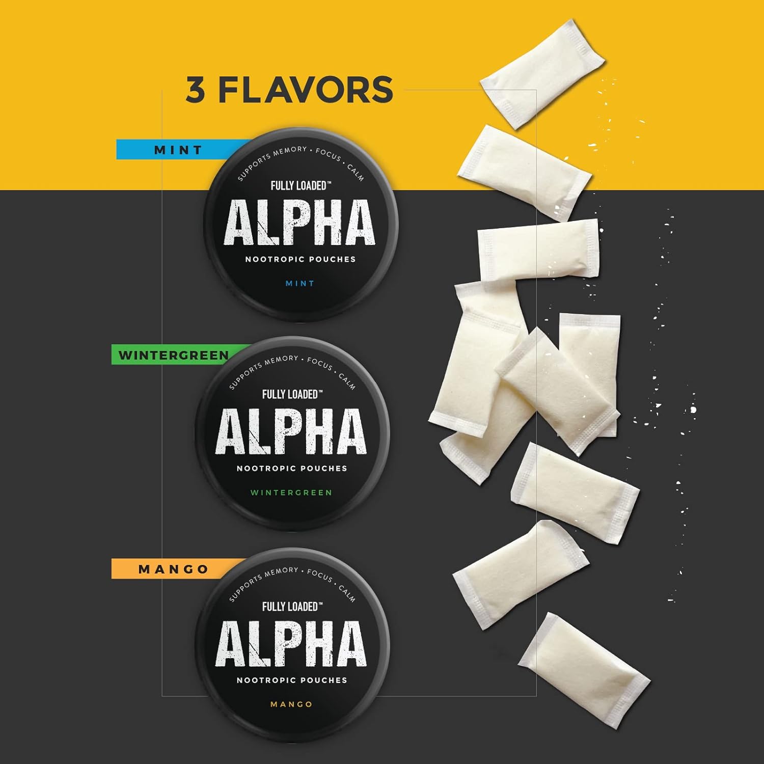 Fully Loaded Alpha Nootropic Pouches (Mango) - 5 Latas - 15 Bolsitas por Lata - Reemplazo de Bolsitas de Nicotina