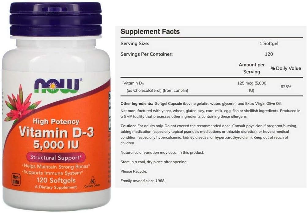 NOW Foods Vitamina D-3 5000 UI Cápsulas Blandas, 120 Unidades