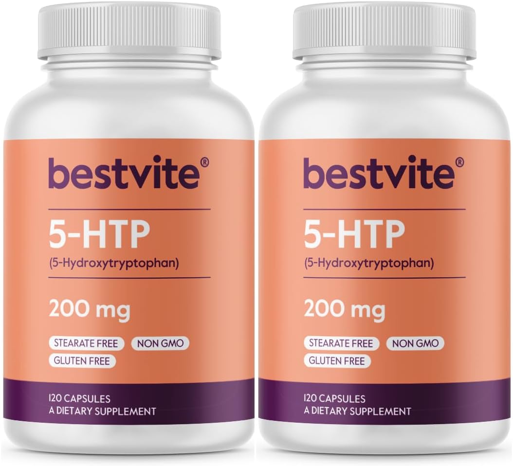 BESTVITE 5-HTP 200mg por Cápsula (240 Cápsulas) - Sin Estearatos - Sin OGM - Sin Gluten