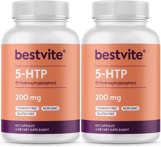 BESTVITE 5-HTP 200mg por Cápsula (240 Cápsulas) - Sin Estearatos - Sin OGM - Sin Gluten