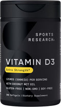 Sports Research Vitamina D3 5000 UI con Aceite de Coco MCT - Alta Potencia, 125 mcg, 360 Cápsulas Blandas
