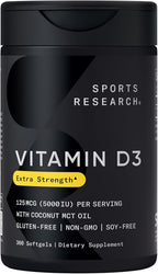 Sports Research Vitamina D3 5000 UI con Aceite de Coco MCT - Alta Potencia, 125 mcg, 360 Cápsulas Blandas