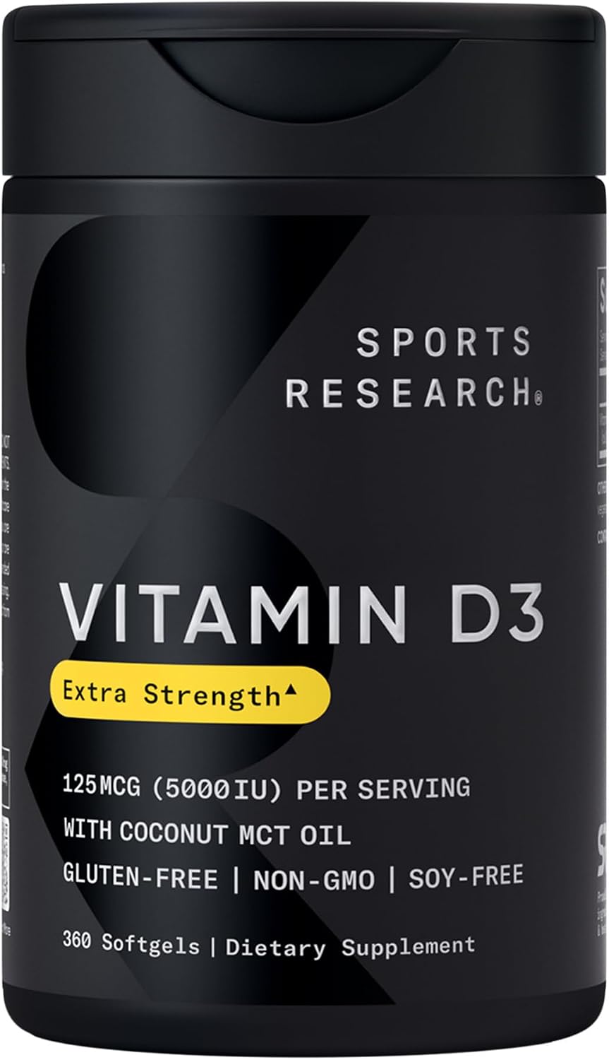 Sports Research Vitamina D3 5000 UI con Aceite de Coco MCT - Alta Potencia, 125 mcg, 360 Cápsulas Blandas