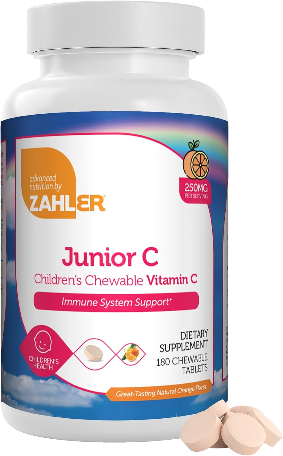 Zahler Junior C - Vitamina C Masticable Avanzada para Niños - Sabor Naranja Delicioso - 90 Comprimidos