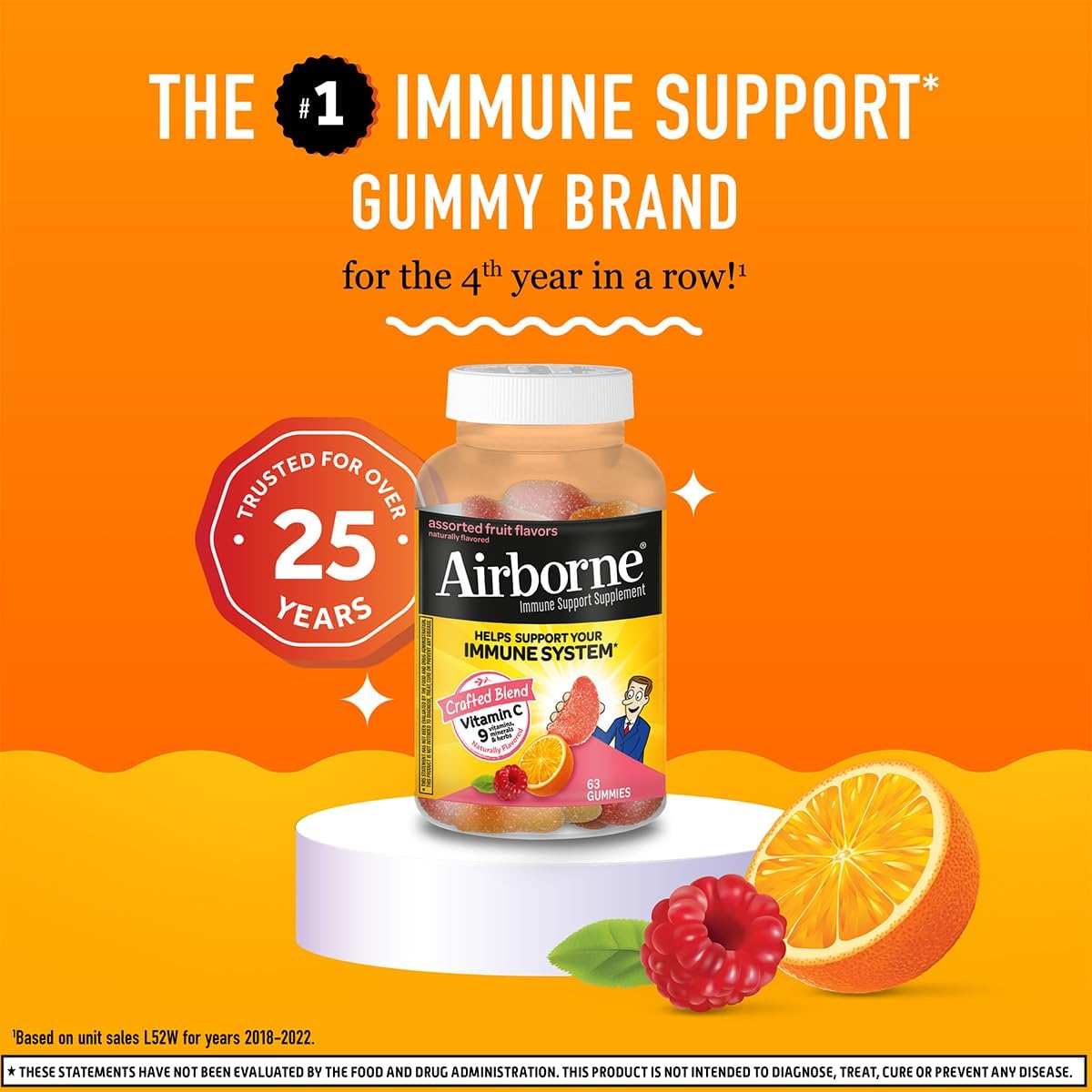 Airborne 750 mg Vitamina C Gominolas para Adultos, Sabor Frutas Variadas, Sin Gluten, 63 Gominolas (Paquete de 3)