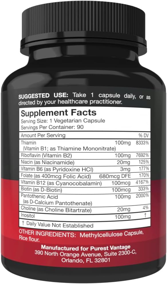 Purest Vantage Vitamin B Complex Vitamins B12, B1, B2, B3, B5, B6, B7, B9, Folic Acid - Super B Complex for Women, Men, Adults - 90 Cápsulas Vegetarianas