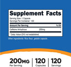 Nutricost Cafeína 200mg, 120 Cápsulas - Sin Gluten, No OGM