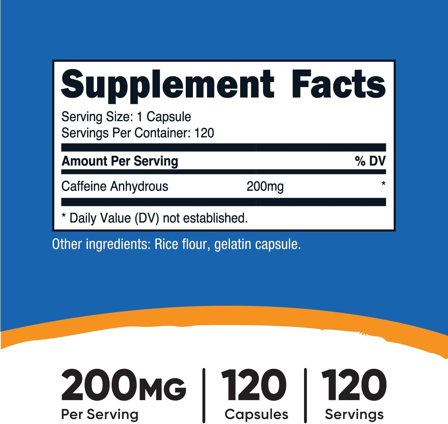 Nutricost Cafeína 200mg, 120 Cápsulas - Sin Gluten, No OGM