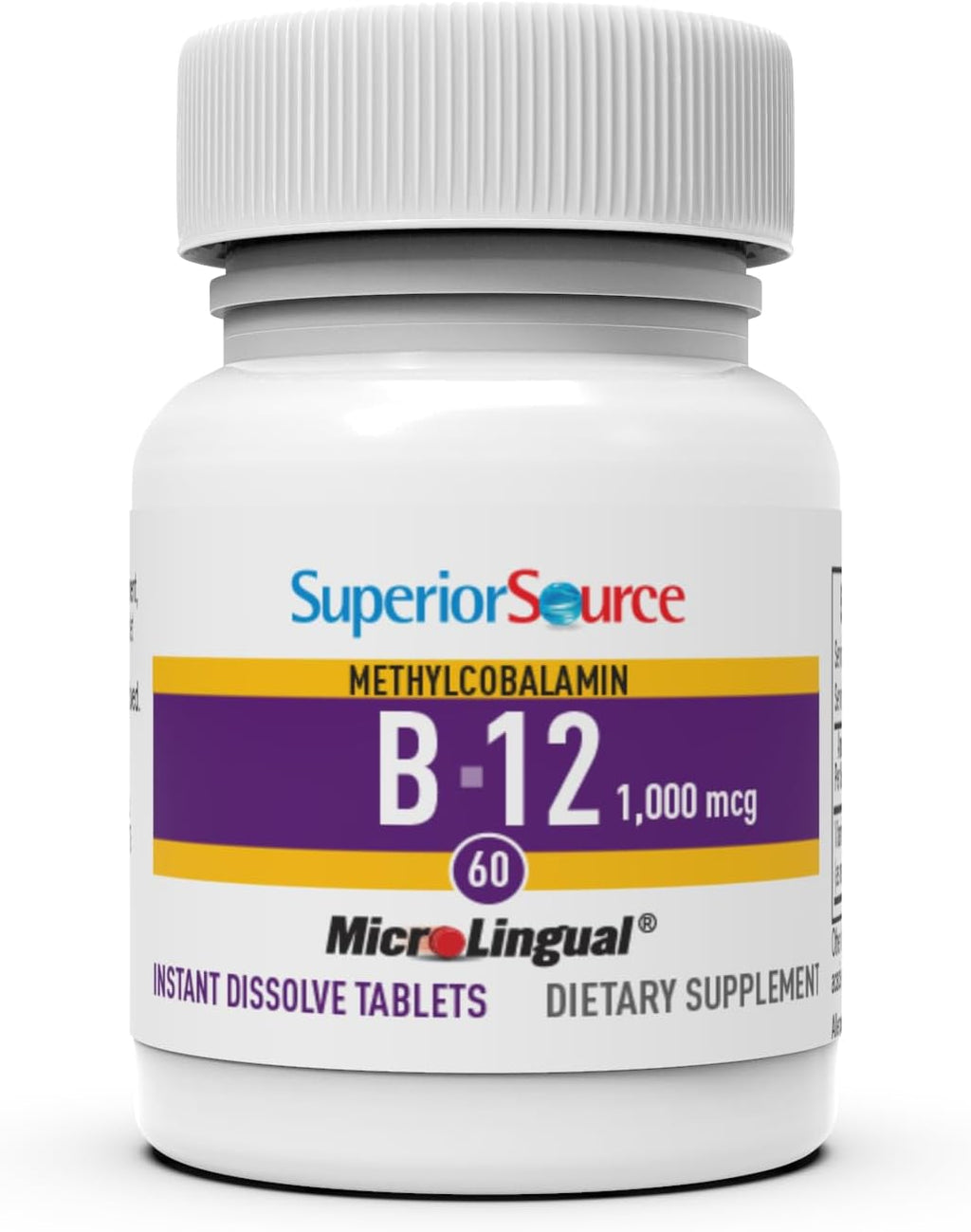 Superior Source No Shot Metilcobalamina B-12 1.000 mcg - Vitamina B-12 para favorecer la producción de energía, la salud cerebral y el bienestar general - Comprimidos sublinguales de rápida absorción - 60 comprimidos