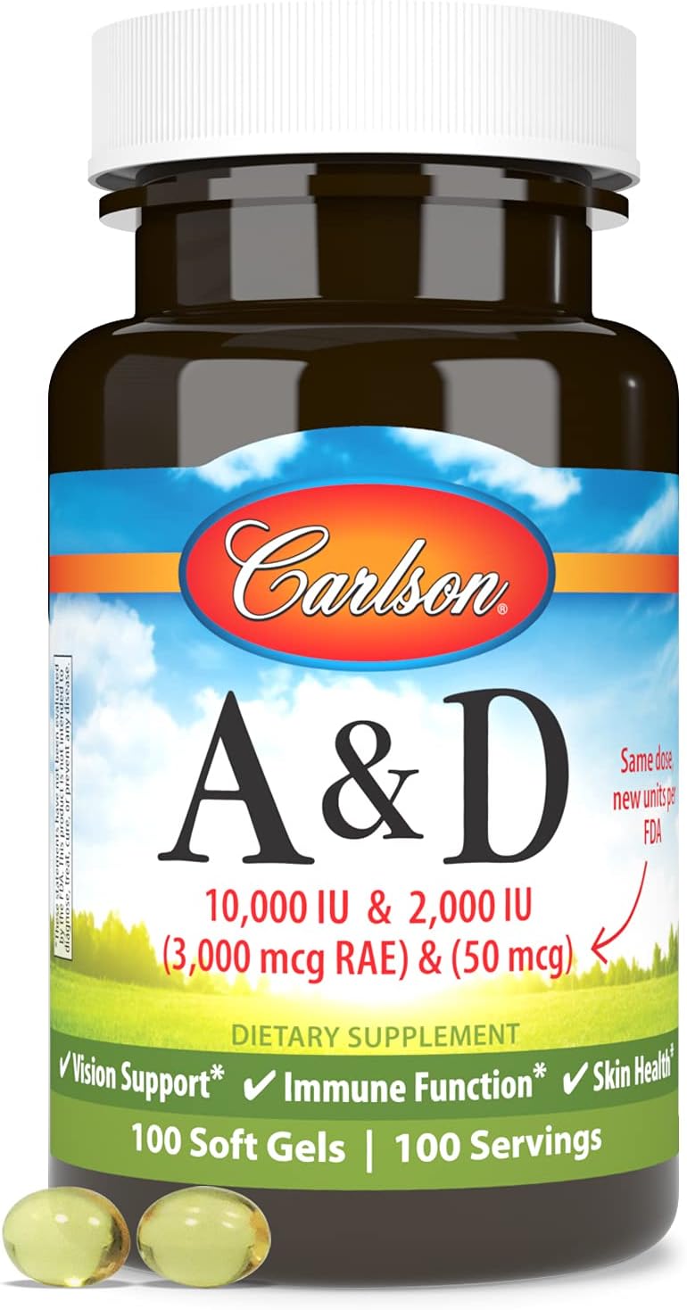 Carlson A & D, 10.000 UI (3.000 mcg RAE) Vitamina A, 5.000 UI (125 mcg) Vitamina D3, 100 Cápsulas Blandas