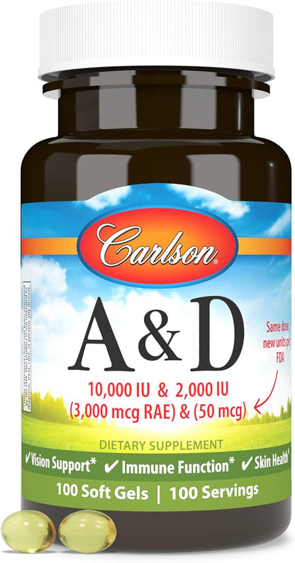 Carlson A & D, 10.000 UI (3.000 mcg RAE) Vitamina A, 5.000 UI (125 mcg) Vitamina D3, 100 Cápsulas Blandas – Image 5