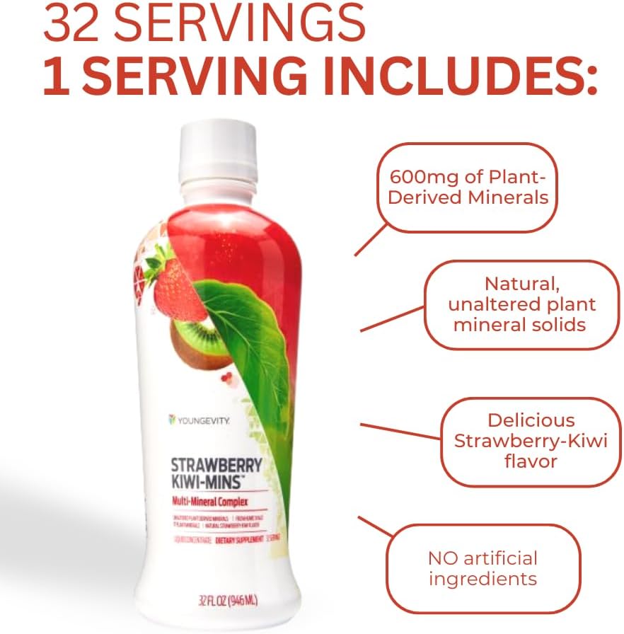 Youngevity Strawberry Kiwi-Mins Complejo Mineral Líquido de Origen Vegetal - 32oz (4 Paquetes)