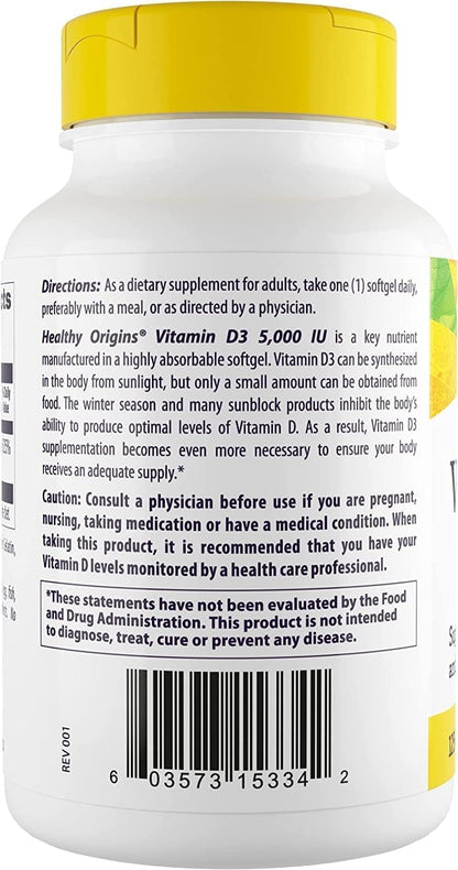 Healthy Origins Vitamina D3 5000 UI, 120 – La vitamina D contribuye al mantenimiento de los huesos en condiciones – Image 3