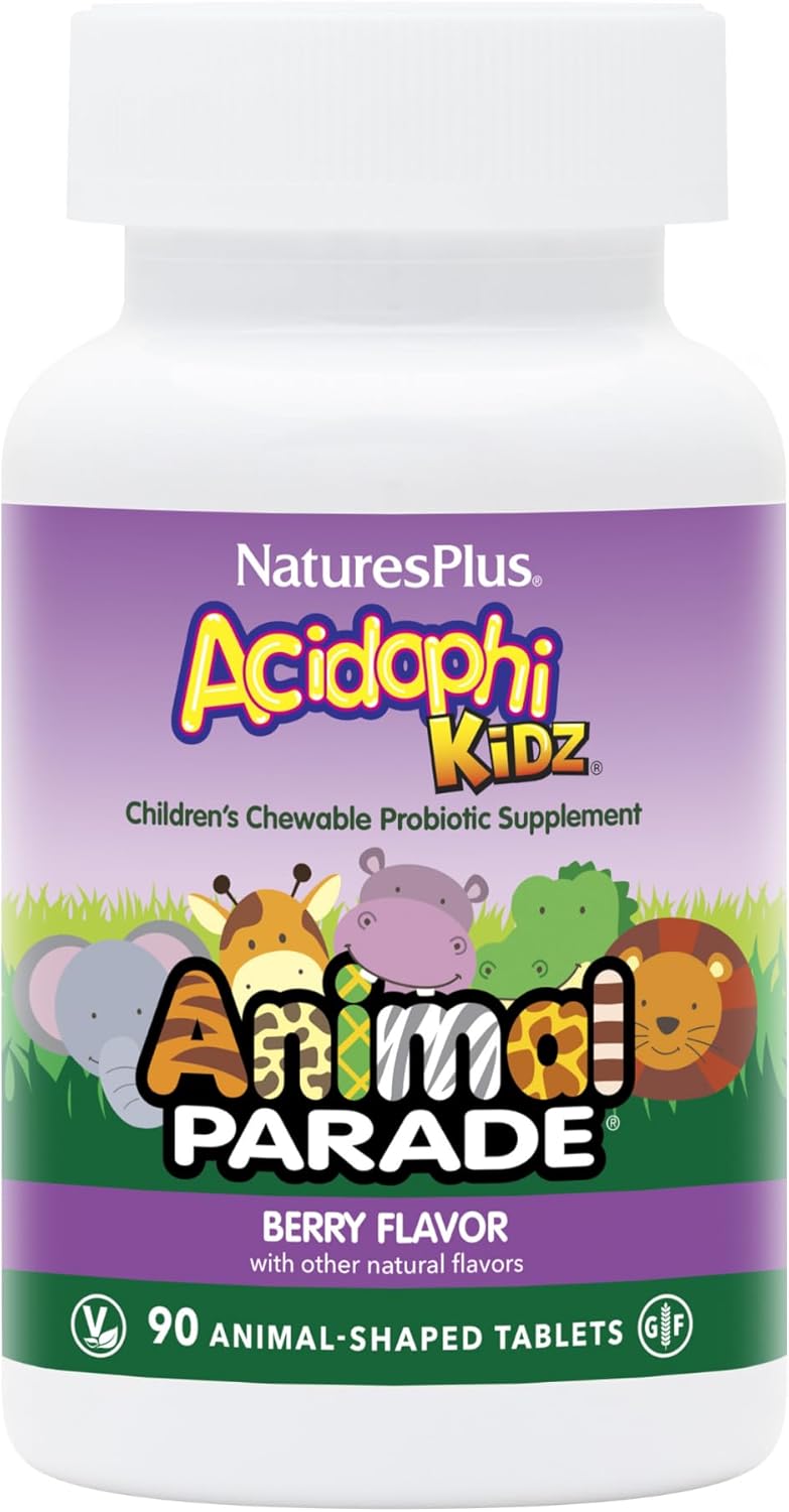 NaturesPlus Animal Parade AcidophiKidz - Probióticos para Niños, Sabor a Bayas - 180 Comprimidos Masticables en Forma de Animalitos (Pack de 2)