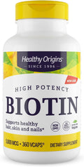 Healthy Origins Biotina 5.000 mcg (5 mg), 360 Cápsulas Vegetales - Complemento de Vitamina B7 de Alta Potencia - Grado USP - No Transgénico, Vegano y Sin Gluten