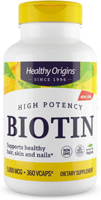Healthy Origins Biotina 5.000 mcg (5 mg), 360 Cápsulas Vegetales - Complemento de Vitamina B7 de Alta Potencia - Grado USP - No Transgénico, Vegano y Sin Gluten