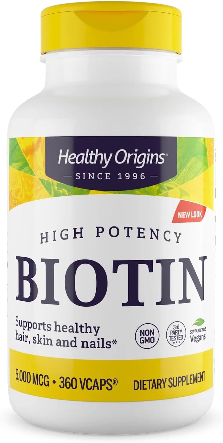 Healthy Origins Biotina 5.000 mcg (5 mg), 360 Cápsulas Vegetales - Complemento de Vitamina B7 de Alta Potencia - Grado USP - No Transgénico, Vegano y Sin Gluten