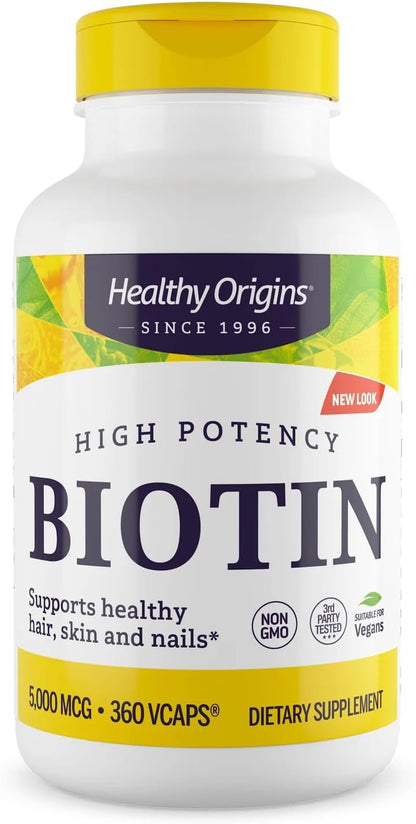 Healthy Origins Biotina 5.000 mcg (5 mg), 360 Cápsulas Vegetales - Complemento de Vitamina B7 de Alta Potencia - Grado USP - – Image 1