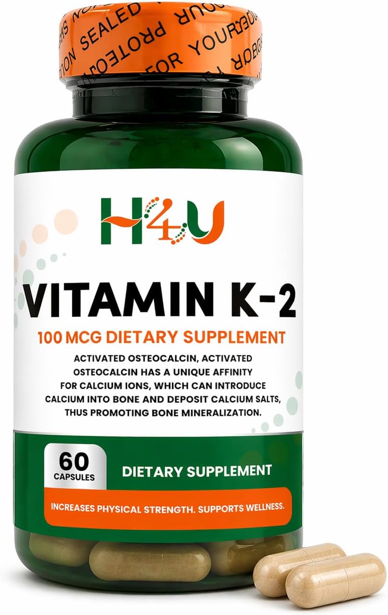 H4U Vitamina K2 MK-7 100 mcg – 60 Cápsulas Veganas | Apoya Huesos y Corazón