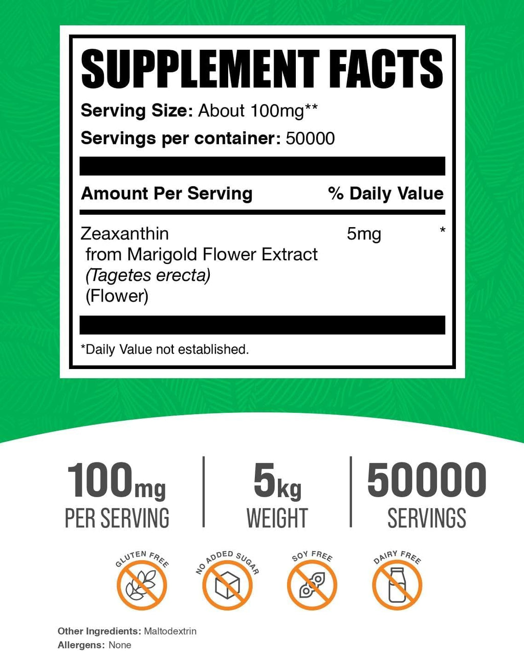 BulkSupplements.com Zeaxantina en Polvo - Suplemento de Zeaxantina de Extracto de Flor de Marigold - Sin Gluten, 100mg (5mg de Zeaxantina) por Dosis, 5kg