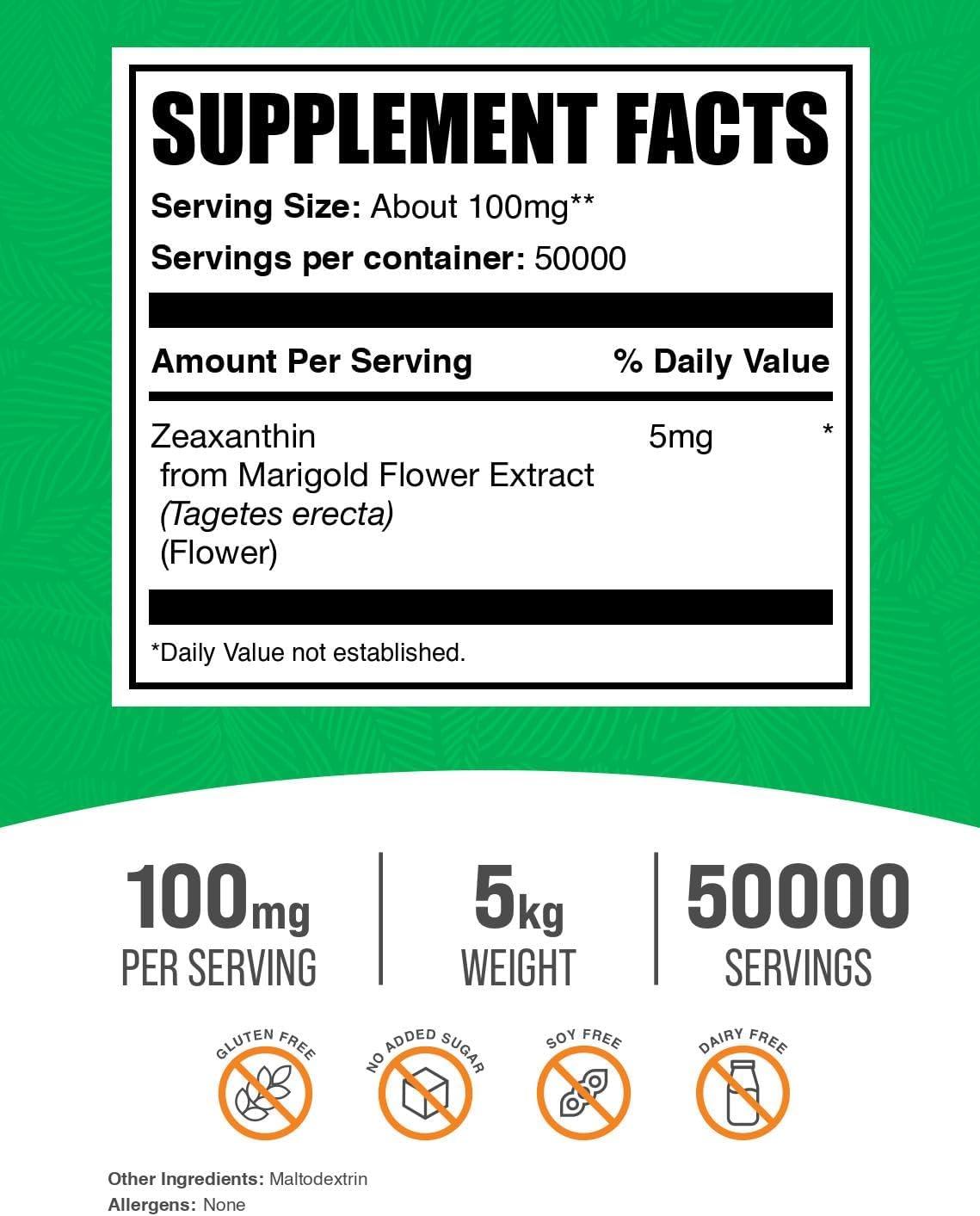 BulkSupplements.com Zeaxantina en Polvo - Suplemento de Zeaxantina de Extracto de Flor de Marigold - Sin Gluten, 100mg (5mg de Zeaxantina) por Dosis, 5kg