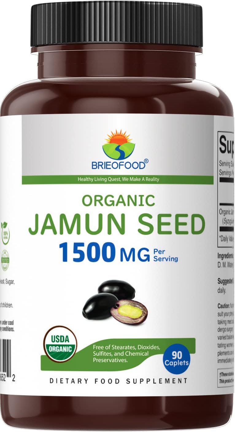 Brieofood Semilla de Jamun Orgánica 1500mg, 45 Raciones, Vegetariano, Sin Gluten, 90 Comprimidos Vegetarianos