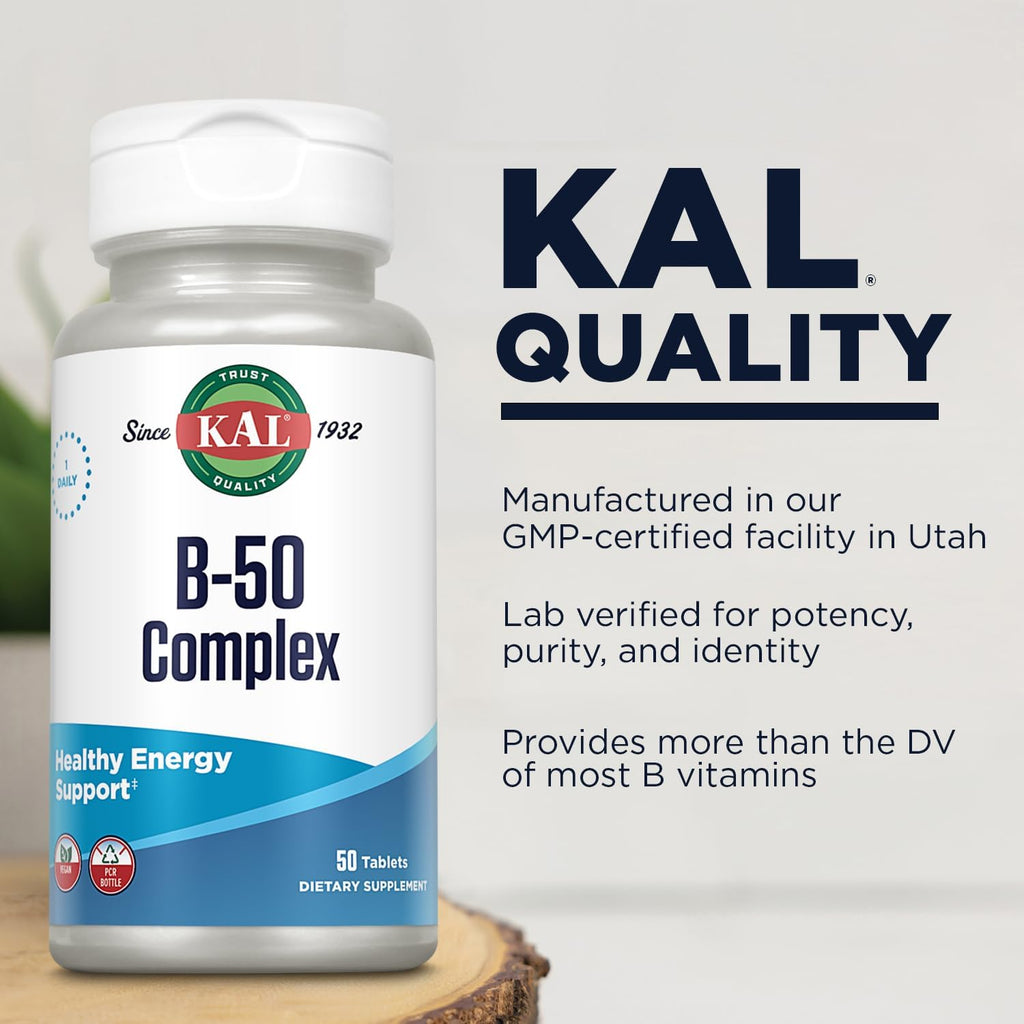 KAL B 50 Complex, Complejo B con Vitamina B12, B6 y Ácido Fólico, 50 Comprimidos